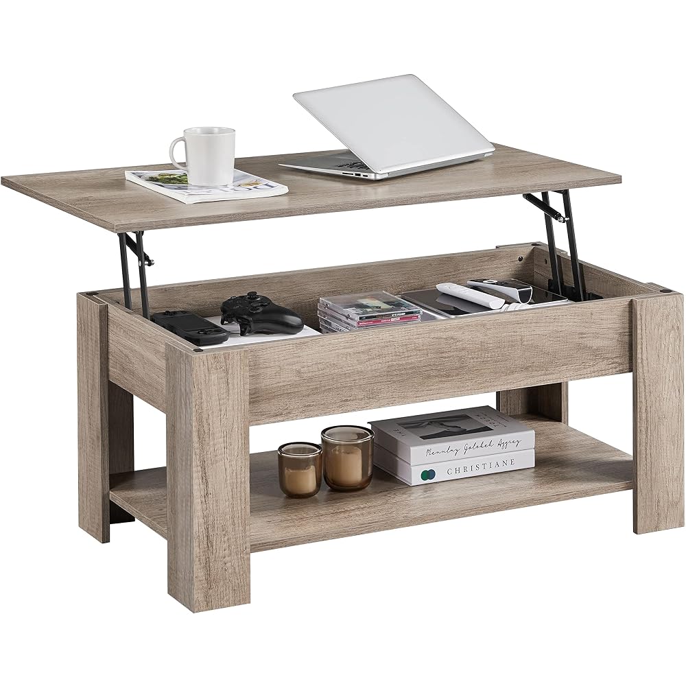 Yaheetech Lift Up Coffee Table with Hidden Storage Drawer and Open Shelf, Grey