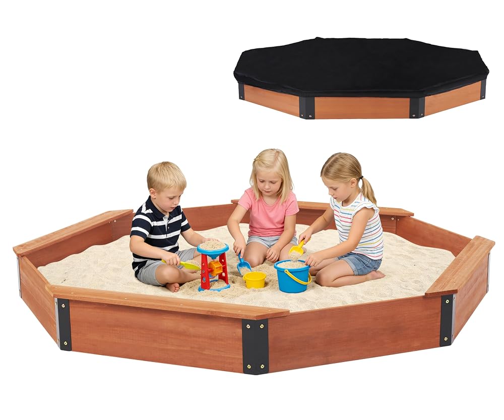 Cedar Wood Octagon Sandbox,84.5 inch Large Sandpit with 4 Seats Bench