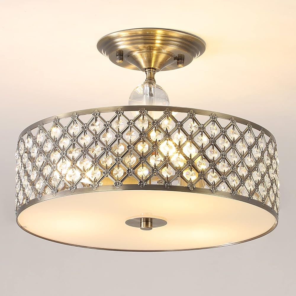 HARPER LIVING Antique Brass Semi Flush Ceiling Light, Crystal Drum Shade, E27