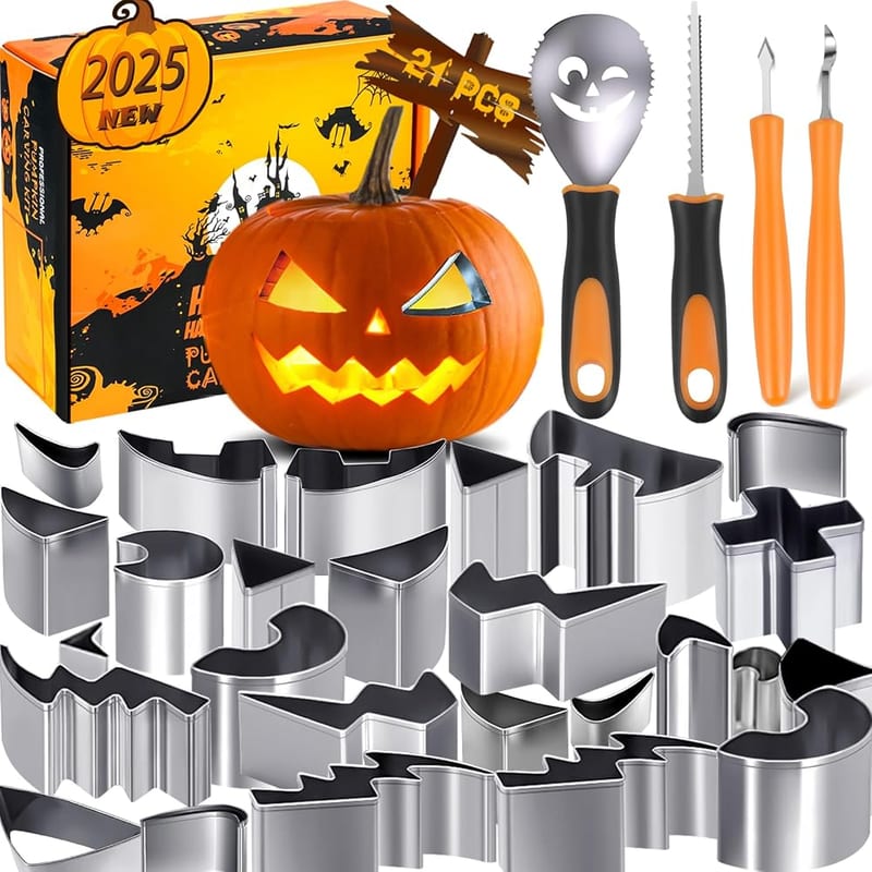 Fundaful Halloween Pumpkin Carving Kit, 21 PCS Safe and Easy Pumpkin Carving Tools Set with Stainless Steel Stencils for Kids Adults