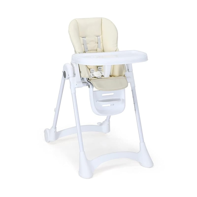 GYMAX Baby Highchair, Adjustable Foldable Infant High Chair with Removable Tray, 2 Rear Wheels & 5-Point Harness, Beige