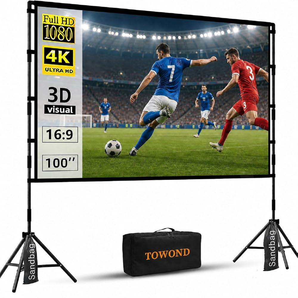 Towond 100 inch Indoor Projection Screen, Portable Outdoor Projection Screen 16:9 4K HD Rear Front Movie Screen with Carry Bag