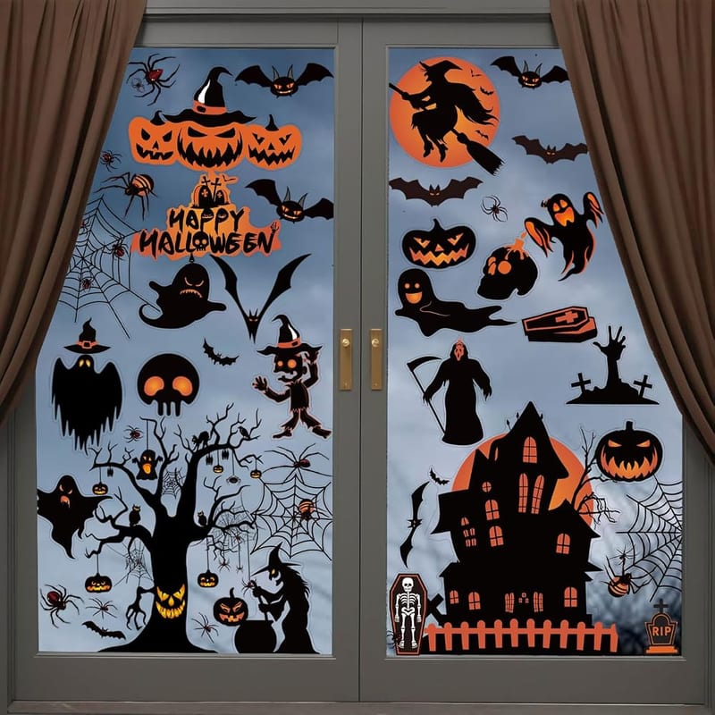 98pcs Halloween Decorations, 8 Sheets Halloween Window Stickers, Double Side Stickers with Bats & Spiders