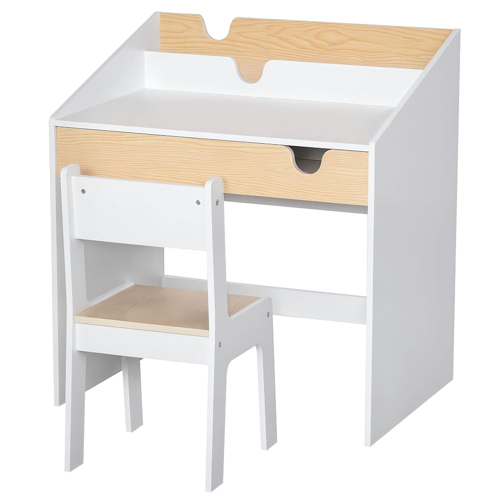 HOMCOM Kids Desk and Chair Set with Storage Pull-Out Drawer for 3-6 Years, 2 Pieces, Children Study Table and Bookshelf