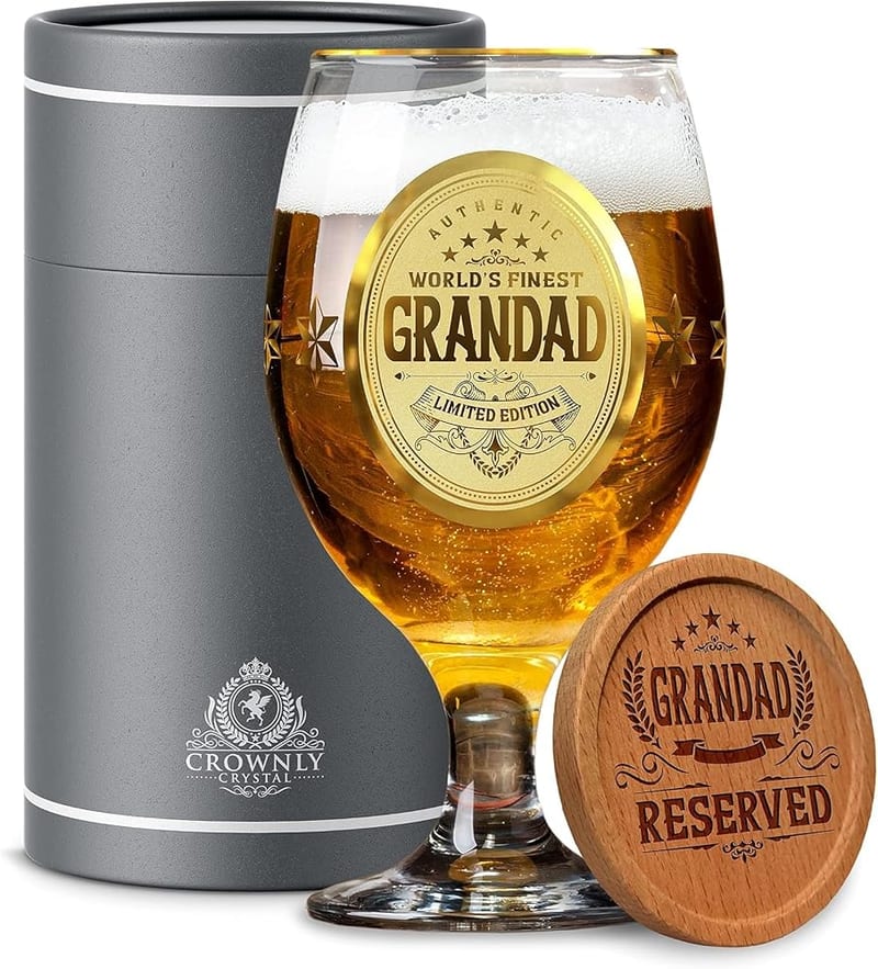 CROWNLY CRYSTAL Gold Grandad Gifts, Personalised Engraved Beer Glass for Grandad, Father’s Day Gift