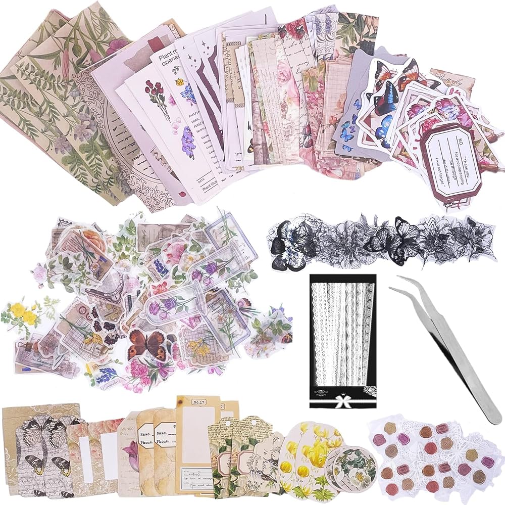 Carreuty 290pcs Aesthetic Scrapbooking Stickers Paper Pack, Retro Flower Life Journaling Supplies