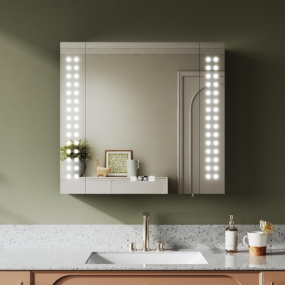 ELEGANT Illuminated Bathroom Mirror Cabinet with LED Lights, Stainless Steel Wall Mounted Cupboard, Demister Pad, Shaver Socket, 650 x 600mm