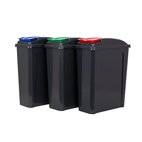 Wham 3 Piece 25L Plastic Recycling Bin Set, Graphite with Assorted Coloured Lids