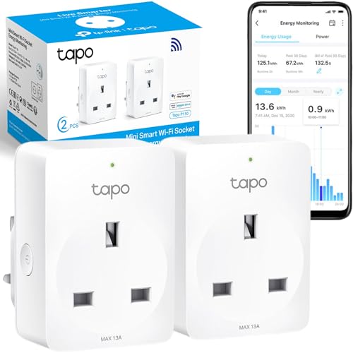 Tapo P110 (2-pack) Smart Plug, Energy Monitoring WiFi Plug, Max 13A, Auto-Off & Away Mode, Compact Design, Voice Control via Alexa & Google, Easy Setup, No Hub Required