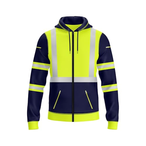 NOROZE Mens Hi Vis Hoodie with Reflective Tape, High Visibility Full Zip Hoodie for Safety Workwear, Zipped Pockets High Vis Hoodie, Durable Work Hoodies for Men (L, Style 3: Neon Green/Navy)