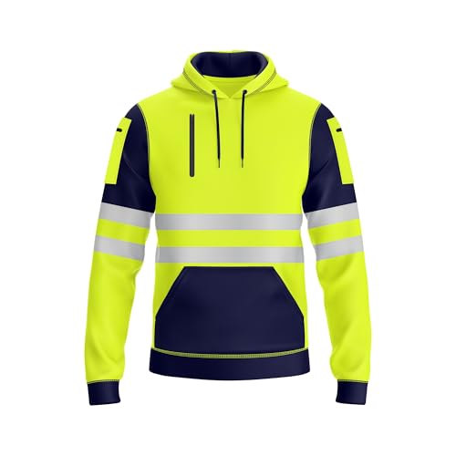 NOROZE Mens Hi Vis Hoodie with Reflective Tape, Pullover High Vis Hoodie for Safety Workwear– 4 Utility Zipped Pockets, Work Hoodies for Men, High Visibility Hooded (XL, Style 4: Neon Green/Navy)