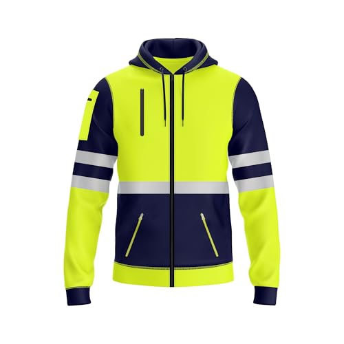 NOROZE Mens Hi Vis Hoodie with Reflective Tape, High Visibility Full Zip Hoodie for Safety Workwear, Zipped Pockets High Vis Hoodie, Durable Work Hoodies for Men (M, Style 1: Neon Green/Navy)