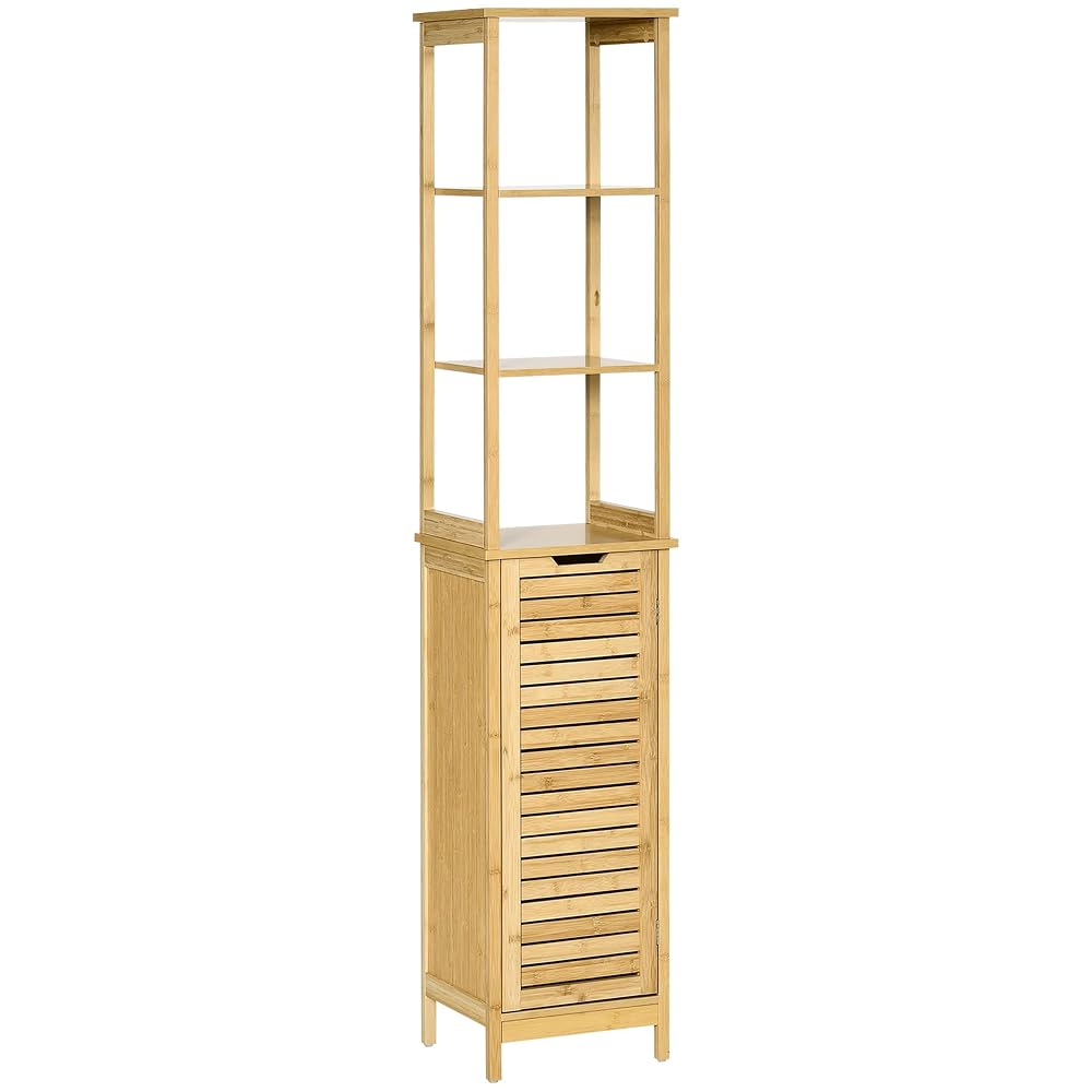 kleankin Bathroom Floor Cabinet with 3 Shelves, Slim Storage Cupboard and Freestanding Organiser, Natural