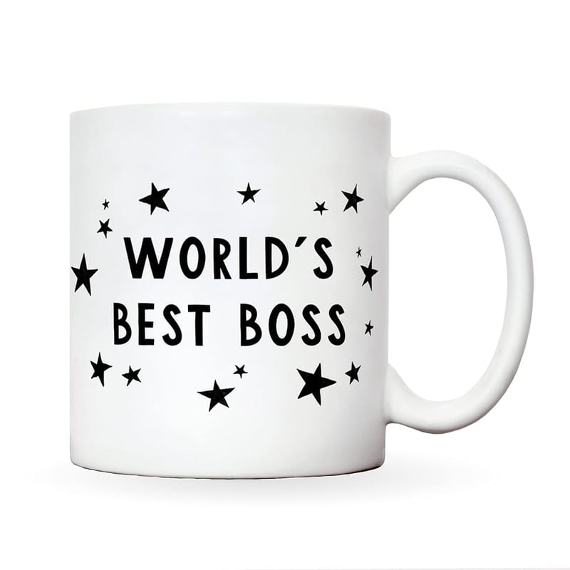 Worlds Best Boss Mug, White Stars Design Novelty Mug, Secret Santa, Christmas or Retirement Leaving Gift