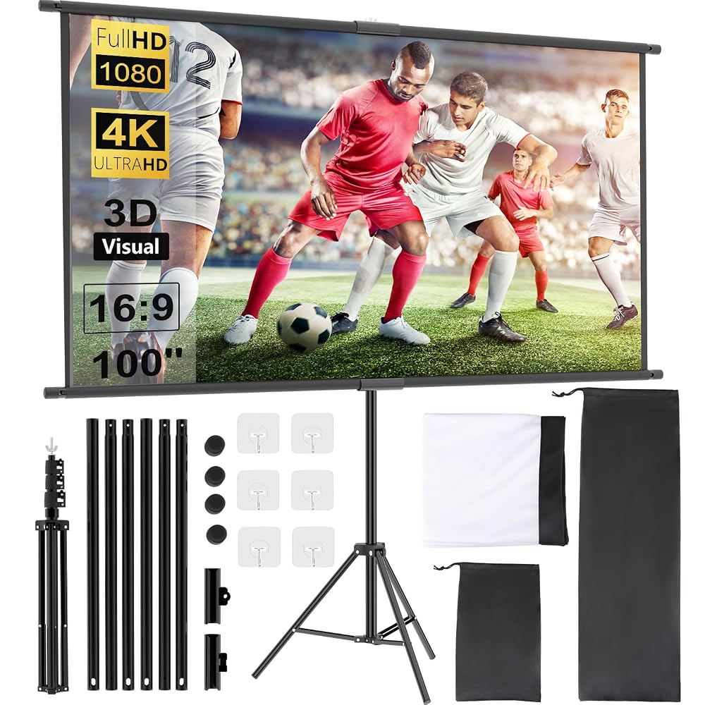 OWill Screen Projector with Tripod 100 Inches, 16:9 HD Extendible, Portable Projector Screen for Home Cinema, Office, School, Presentation