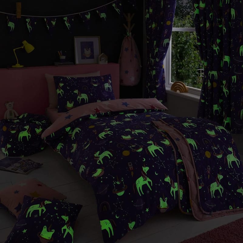 Happy Linen Company Girls Kids Space Unicorn Purple Single Reversible Duvet Cover Bedding Set