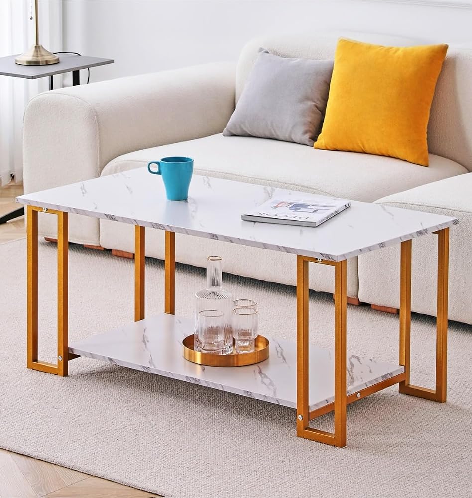 Hallowood Furniture Kempley Coffee Table with Marble Effect Top & Gold Metal Legs