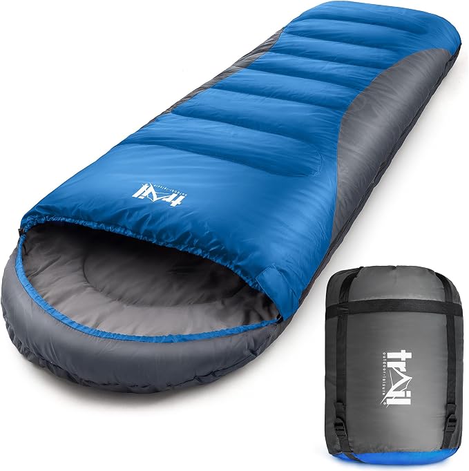 Trail Alpine 400 Sleeping Bag with Hood, 4 Season, Single Adult | Double Quilted 400gsm Hollow Fibre Filling, 0°C Comfort Rating, Polycotton Lining, Compression Bag, Ideal for Winter Camping