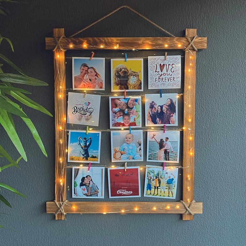 Pixomixo Photo Frame for Multiple Pictures – Wall Hanging Natural Wood Frame with String Lights & Pegs, 50 x 60cm