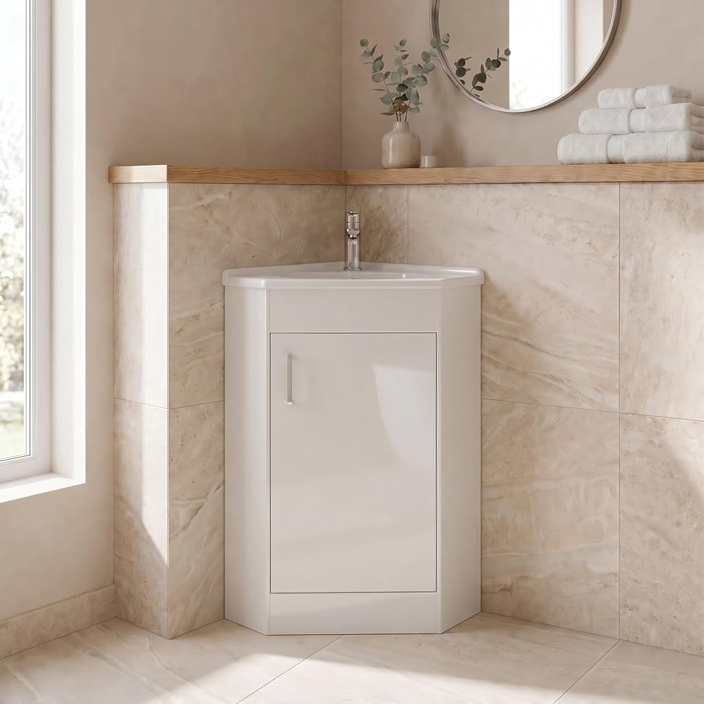 Affine 585mm Corner Vanity Unit Basin Sink Bathroom Storage Cabinet, Soft Close Door, White Gloss