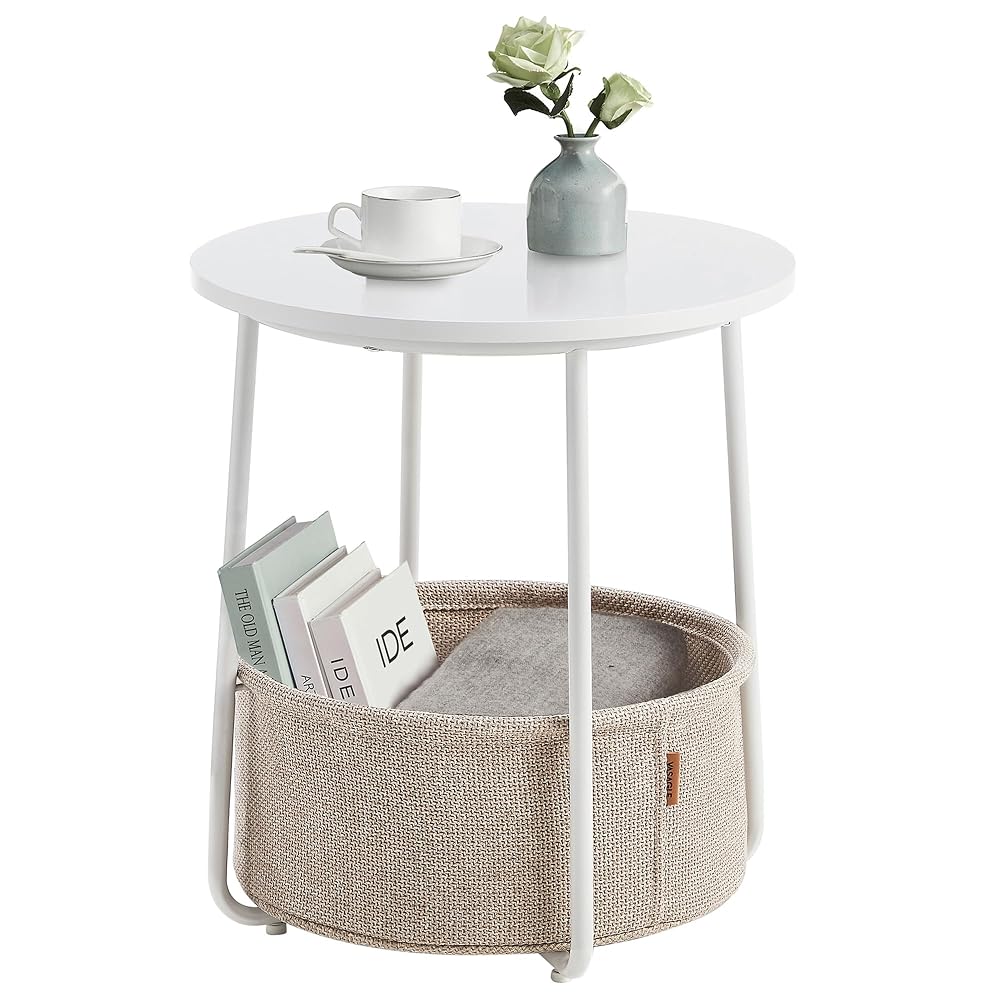VASAGLE Small Round Coffee Table with Fabric Storage Basket, Matte White and Camel Brown