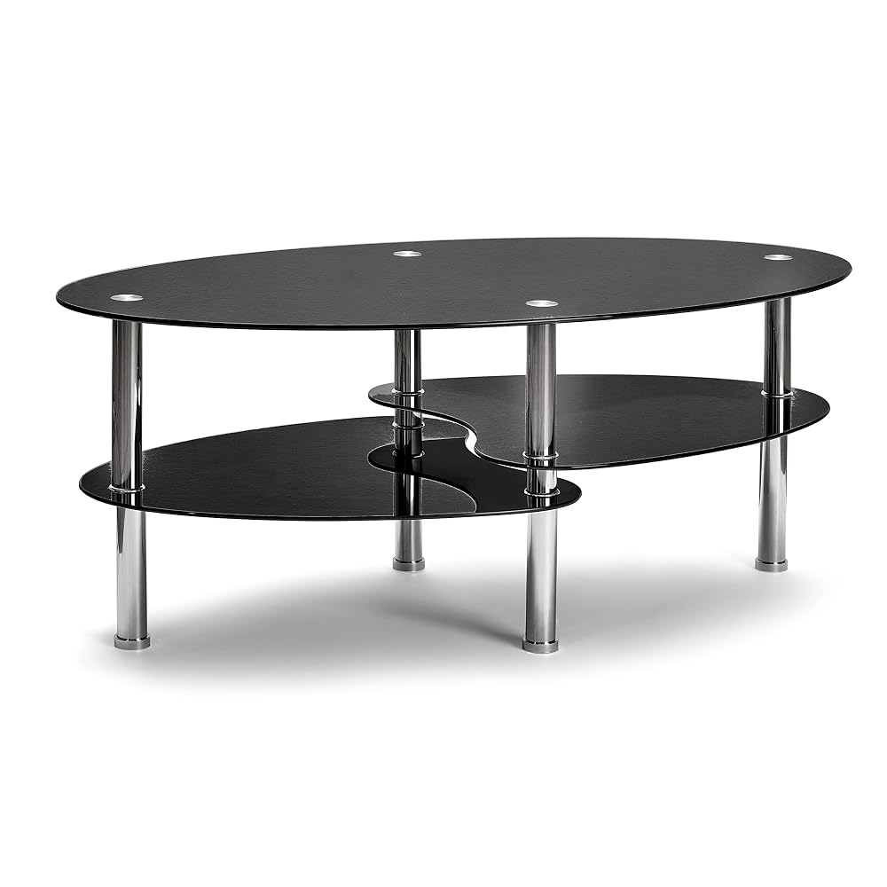 7Star Black Oval Glass Coffee Table with Mirrored Finish, Stainless Steel Legs