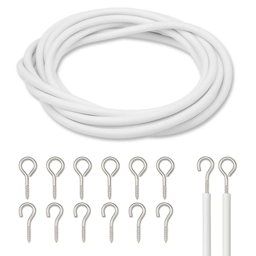 Trimming Shop Net Curtain Wire & Hooks Set | 5m Curtain Cord with 6 Hooks & 6 Eyes | Cut-to-Size, Durable, Multipurpose Cable Wire Kit for Net Curtains, Voiles & More – White
