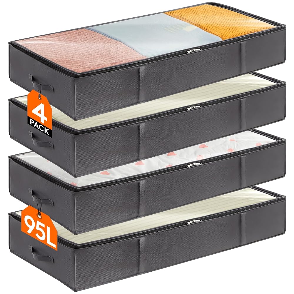 Lifewit 4 Pack 95L Under Bed Storage, Underbed Storage Boxes with Lid, Reinforced Handle, PVC Window, Grey