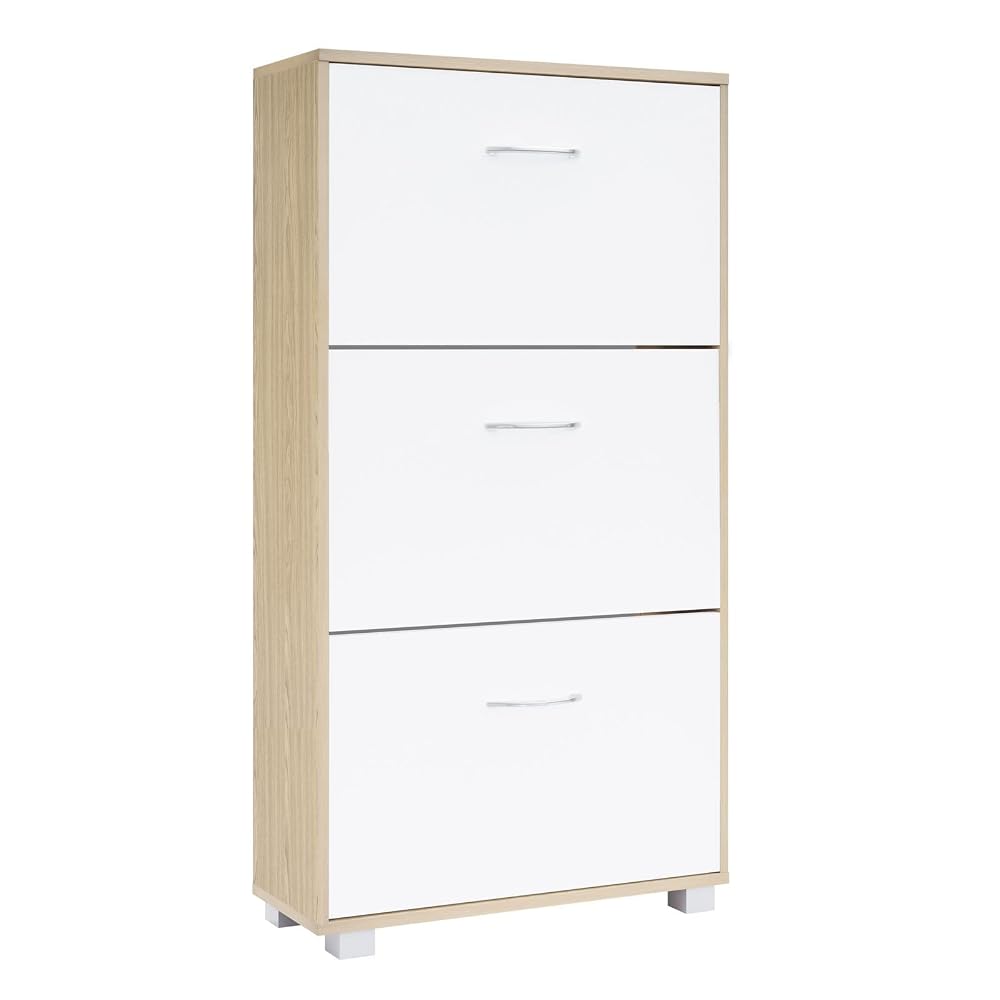CASARIA Shoe Storage Cabinet Rack, 3 Doors, Wooden, White & Oak