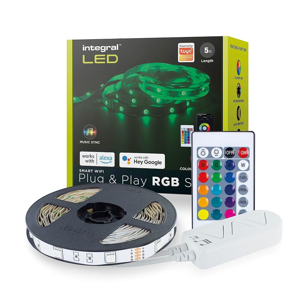 Integral LED 5m RGB Strip Light, WiFi & Smart App Control, Plug & Play, Music Sync, Works with Alexa and Google Assistant