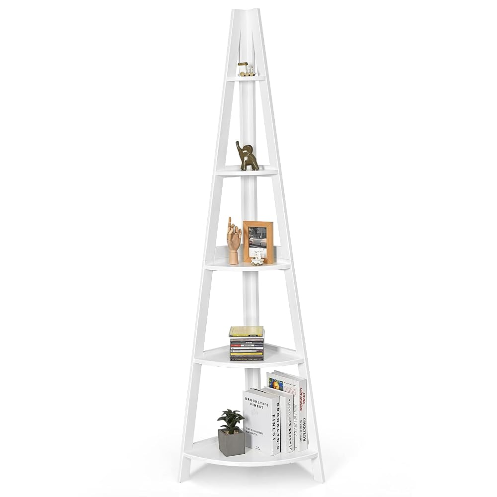 COSTWAY 5-Tier Corner Shelf, Ladder Bookcase Shelving Unit, Freestanding Wooden Storage Rack, White