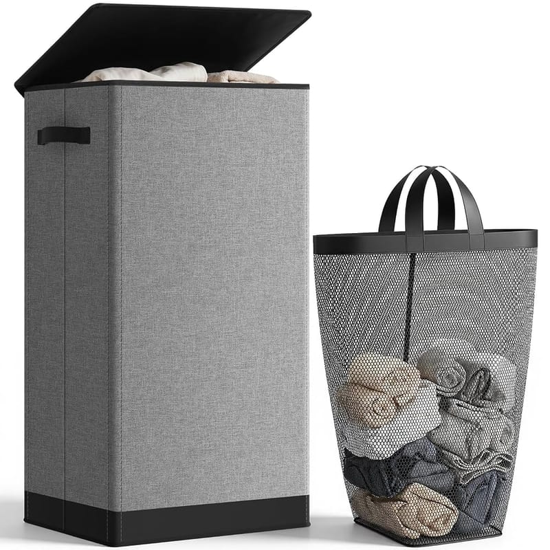 SOLEDI 100L Laundry Basket with Lid, Large Washing Basket, Sturdy Hamper with Removable Bag, Grey
