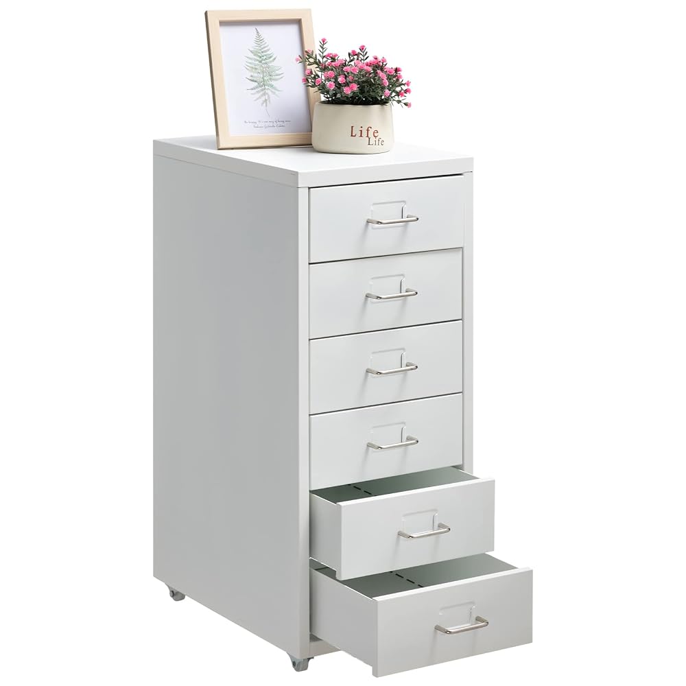 HollyHOME 6-Drawer Mobile File Cabinet, Rolling Filing Organizer, Office Filing Cabinet, Metal Storage Cabinet with Casters for Home, Office and School, White