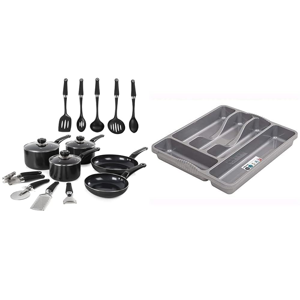 Morphy Richards Equip 14 Piece Cookware Set (3 Pots + 2 Saucepans + 9 Utensils), Black, Aluminium