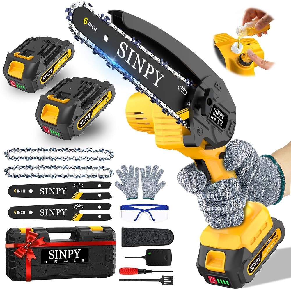 SINPY Mini Chainsaw Cordless, 6 Inch Electric Chainsaw with Battery and Charger, Brushless Motor