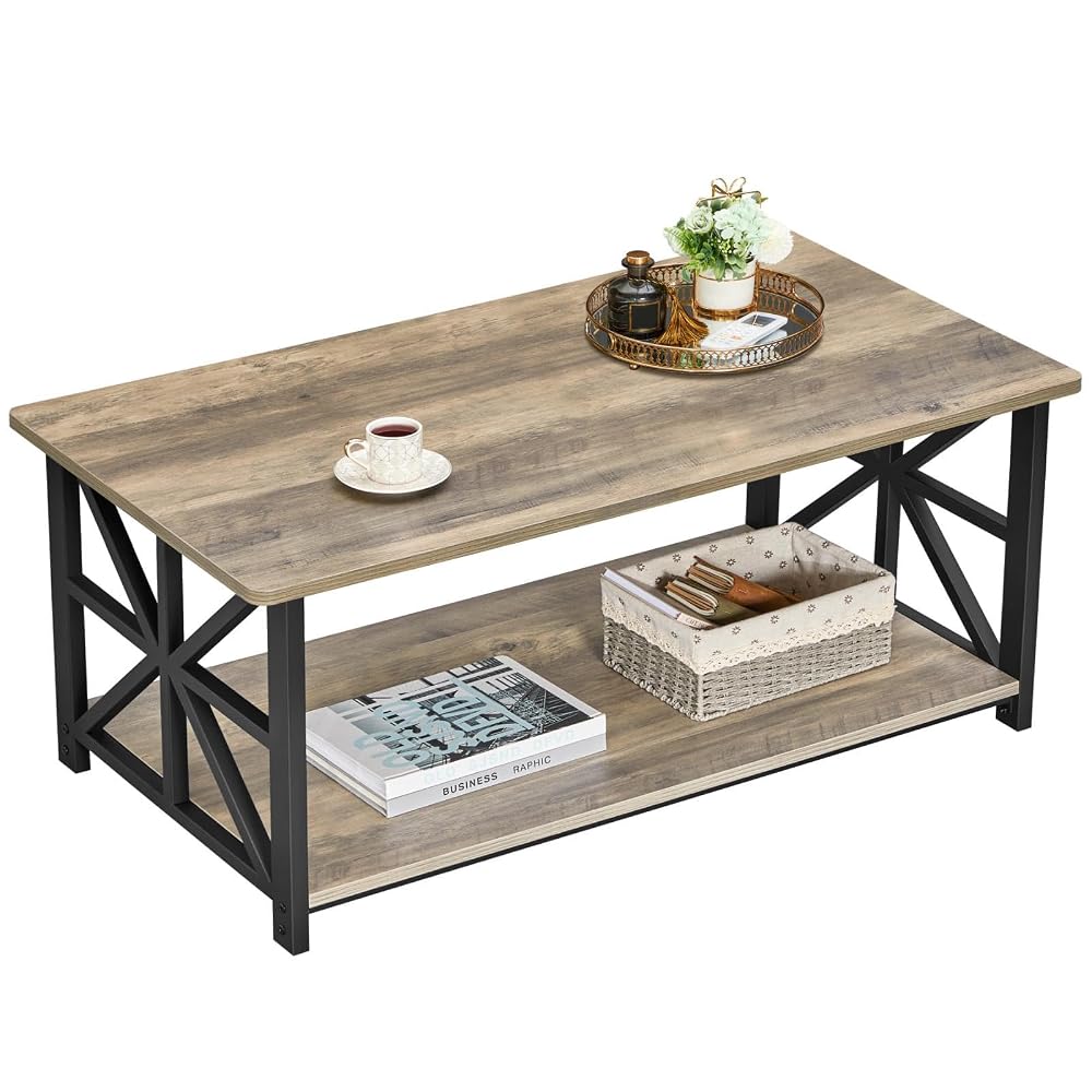 GreenForest Coffee Table with 2-Tier Storage, 100 cm Living Room Table with Round Corner, Grey Wash