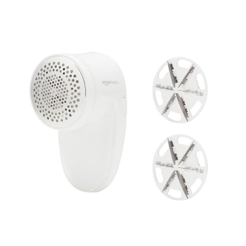 Amazon Basics Battery-Operated Fabric Shaver, Lint and Fuzz Remover with 2 Spare Blades, White