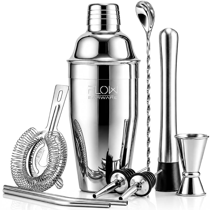 FLOW Barware 10 Piece Cocktail Shaker Set | Cocktail Making Kit with 750ml Stainless Steel Shaker, Strainer, Jigger, Muddler, Bar Spoon, Pourers, Metal Straws & Recipe Download