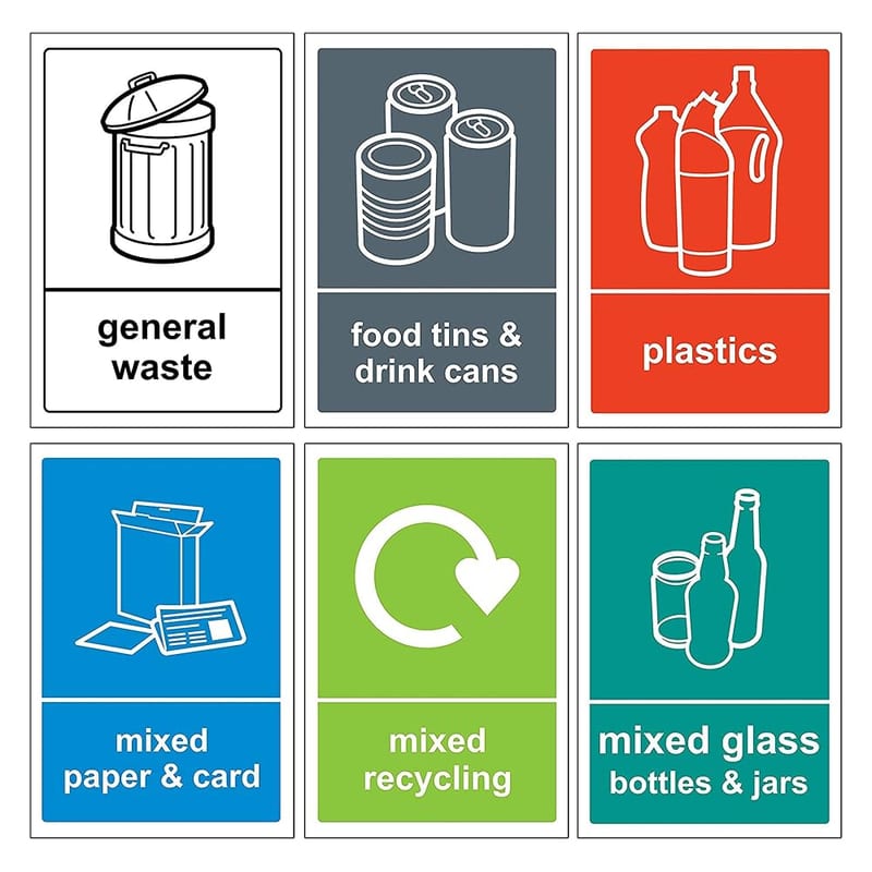 6 Self Adhesive Multi Recycling Bin Stickers, Waterproof Labels for Waste Bins, Food, Plastics, Mixed Paper and Card, Mixed Glass and General Waste 6 Decals, 150 x 100mm