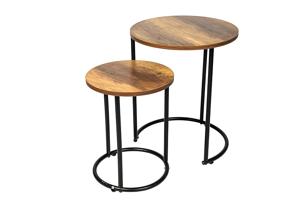 spot on dealz Round Nest of Coffee Tables, Black Metal Frame with Oak Effect Top