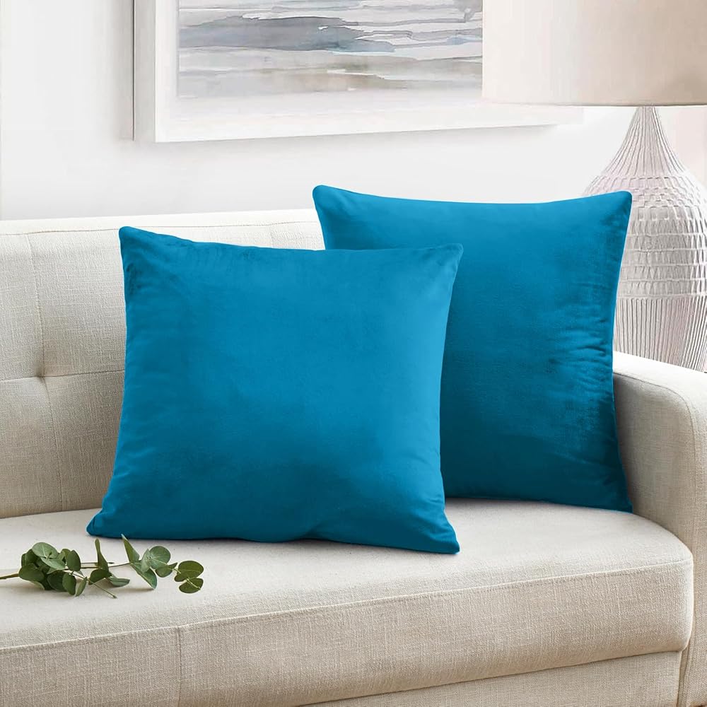 Oxford Homeware Turquoise Velvet Cushion Covers 45x45cm (Pack of 2), Invisible Zipper