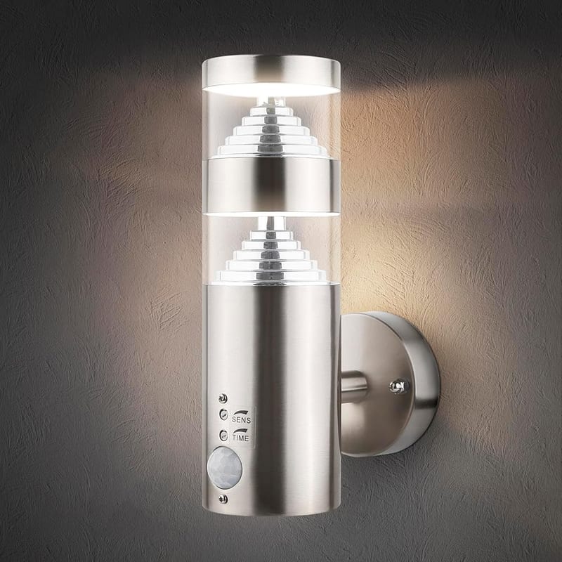 Outdoor Wall Light with PIR Sensor, Stainless Steel LED Pyramid Wall Lamp, IP44 Waterproof (Double-Layer)