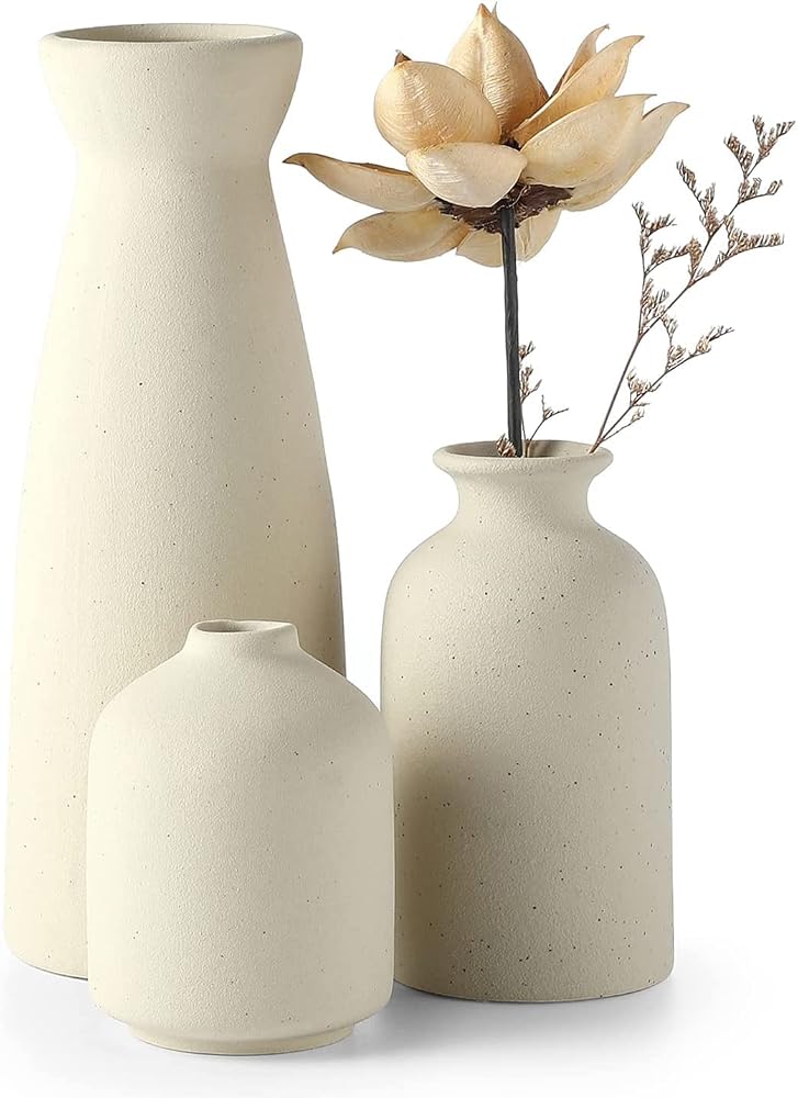 CEMABT Beige Ceramic Vase Set of 3, Small Flower Vases for Home Decor, Modern Boho Farmhouse Decorative Vases for Pampas Grass & Dried Flowers