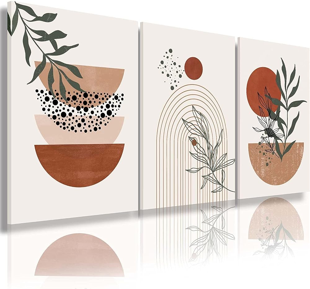 Boho Wall Art — Mid Century Modern Set of 3 Framed Canvas Prints, Minimalist Black Beige Neutral Abstract Geometric Wall Decor for Living Room