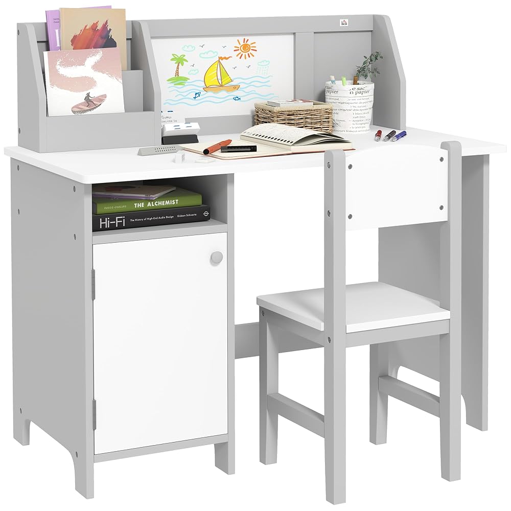 HOMCOM Kids Desk And Chair Set 2 PCs Children's Table And Chair Set Multi Use Toddler Furniture with Whiteboard, Storage - Grey