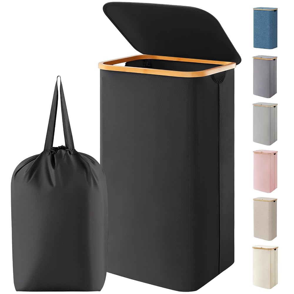 Lifewit 100L Laundry Basket with Lid, Dirty Clothes Bin with Bamboo Handles and A Removable Bag, Large Foldable Washing Basket for Bedroom, Bathroom, Dorm, Laundry Room, Black