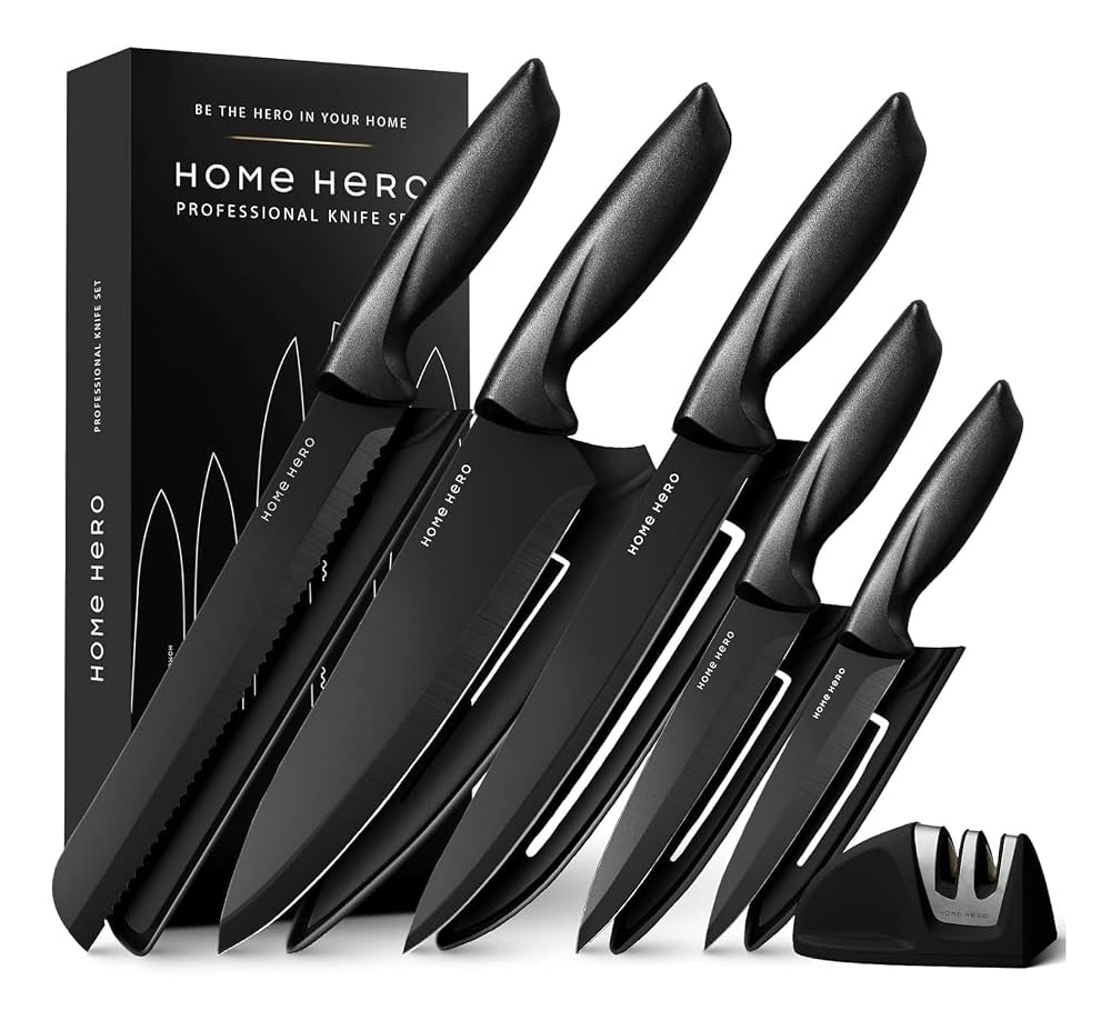 Home Hero Kitchen Knife Set, 5-Piece Black Stainless Steel Knife Set with Protective Sheaths & 2-Stage Sharpener, Chef, Bread, Carving, Utility & Paring Knives