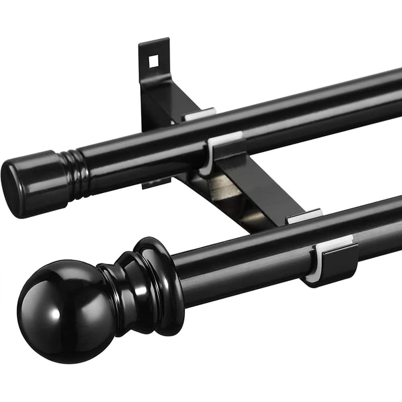 Double Curtain Pole for Eyelet Curtains - Black, Extendable Metal Rod 76-113cm - Room Darkening for Blackout and Voile Curtains
