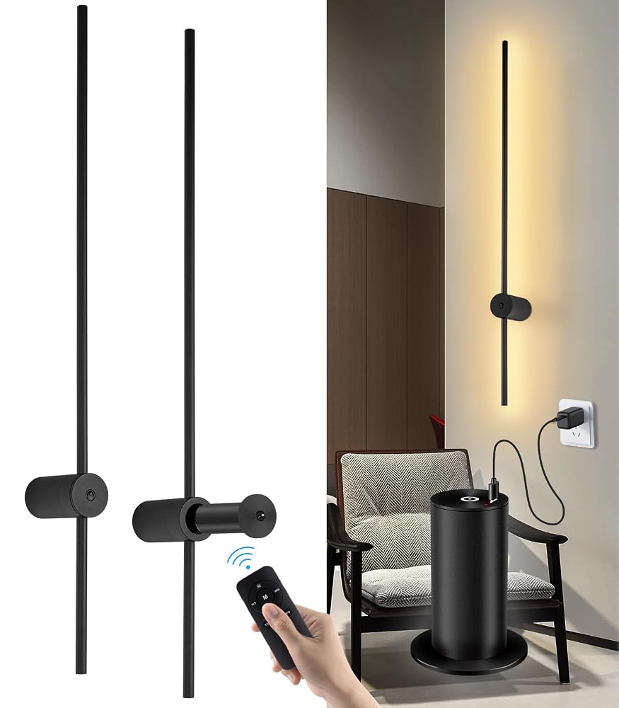 Aanyhoh Modern LED Wall Sconces Battery Operated Lights Indoor with USB Charging Port, Matte Black (2 Pack)