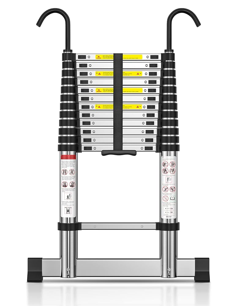 Telescopic Ladder 3.8M/12.5FT, Max Load 150kg, TECKNET Aluminium Extension Ladder with Stabilizer Bar & Detachable Hooks, EN131